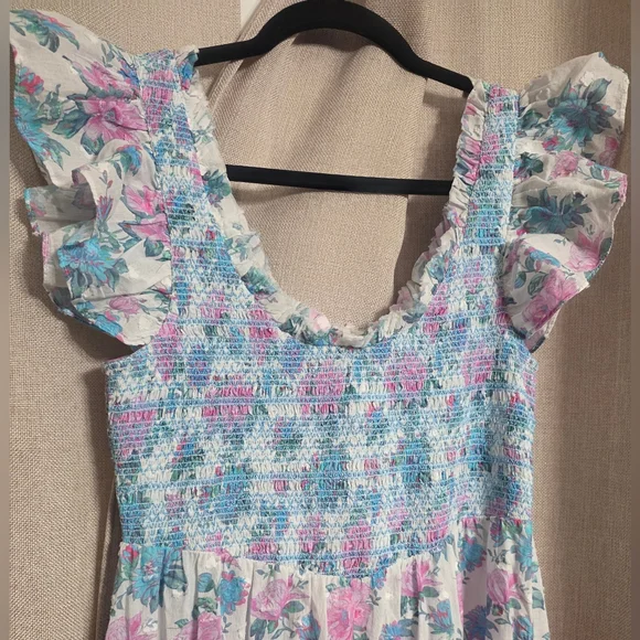 NWT LoveShackFancy Chessie Smocked Floral maxi‎ dress sea orchid S - Picture 5 of 10